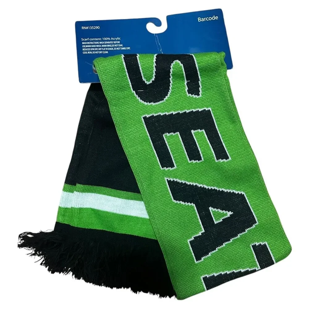 Seattle Green Black Knit City Scarf Acrylic‎ Fringe Winter Fan Unisex 60x8